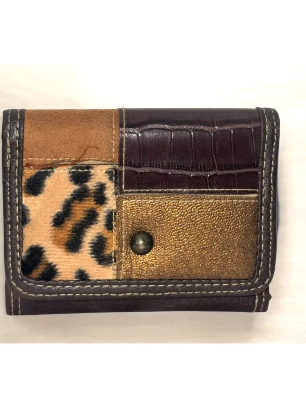 Patchwork Leopard Print Leather Tri-Fold Wallet With Snap Closure & Zipper Pocke